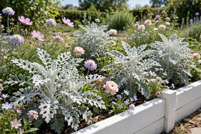 fluffy plants: fountain grass flower heads in a border