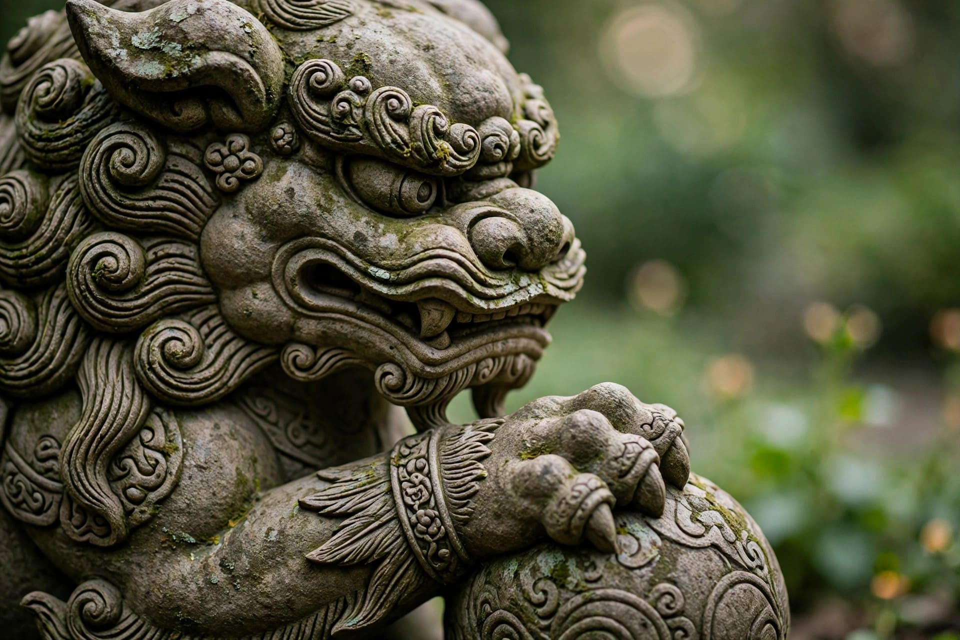 foo dog: carved ball beneath the male guardian's paw