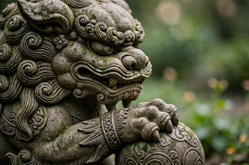 foo dog: carved ball beneath the male guardian's paw