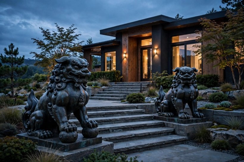foo dog: weathered stone guardian beside a garden gate
