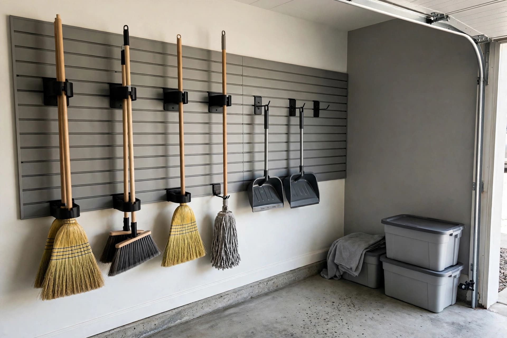 free standing broom closet: tall slim cabinet beside a kitchen doorway