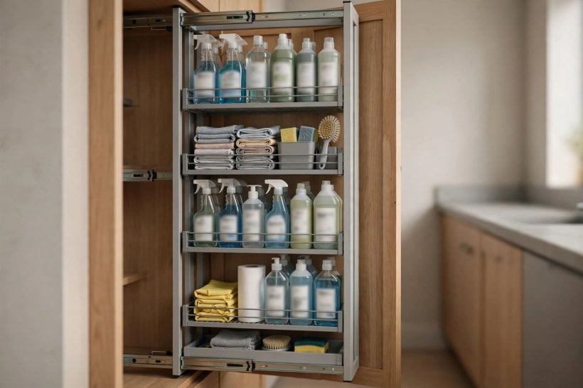 free standing broom closet: cabinet on castors in a utility corner