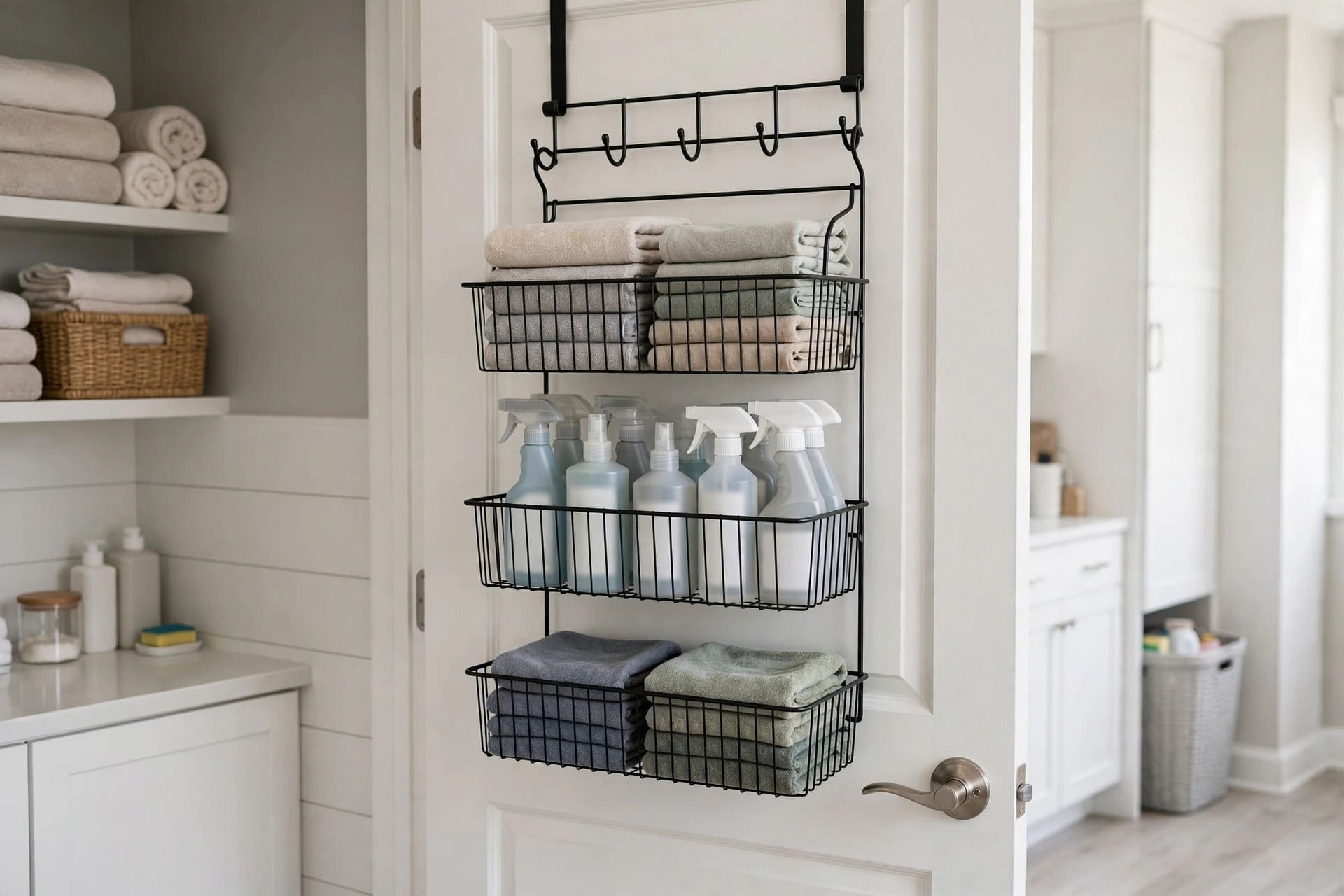 free standing broom closet: brooms and mops hanging neatly inside
