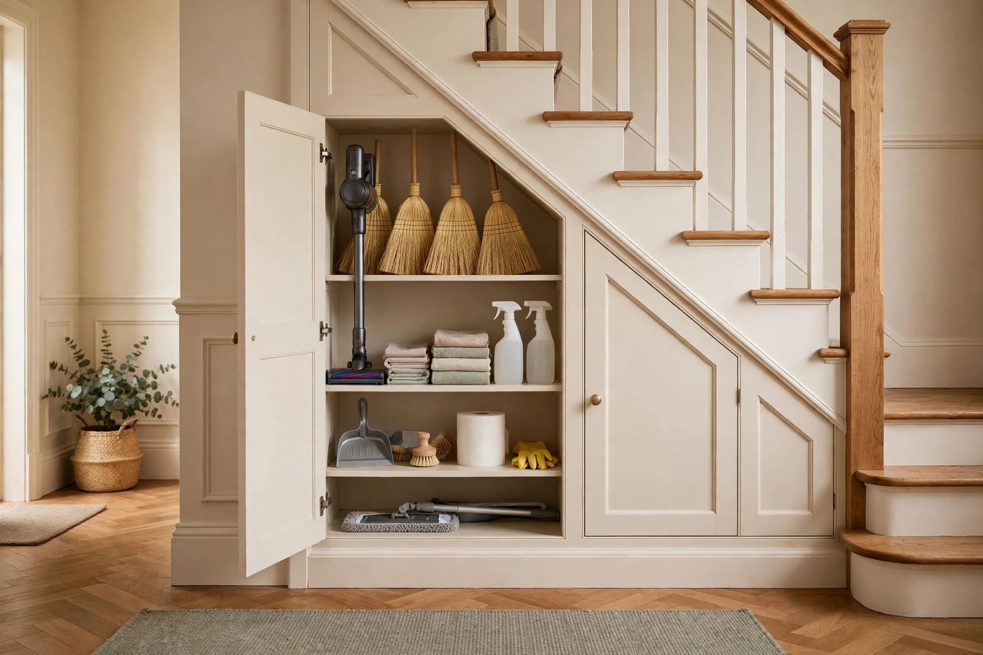 free standing broom closet: shelves with caddies, cloths and bottles