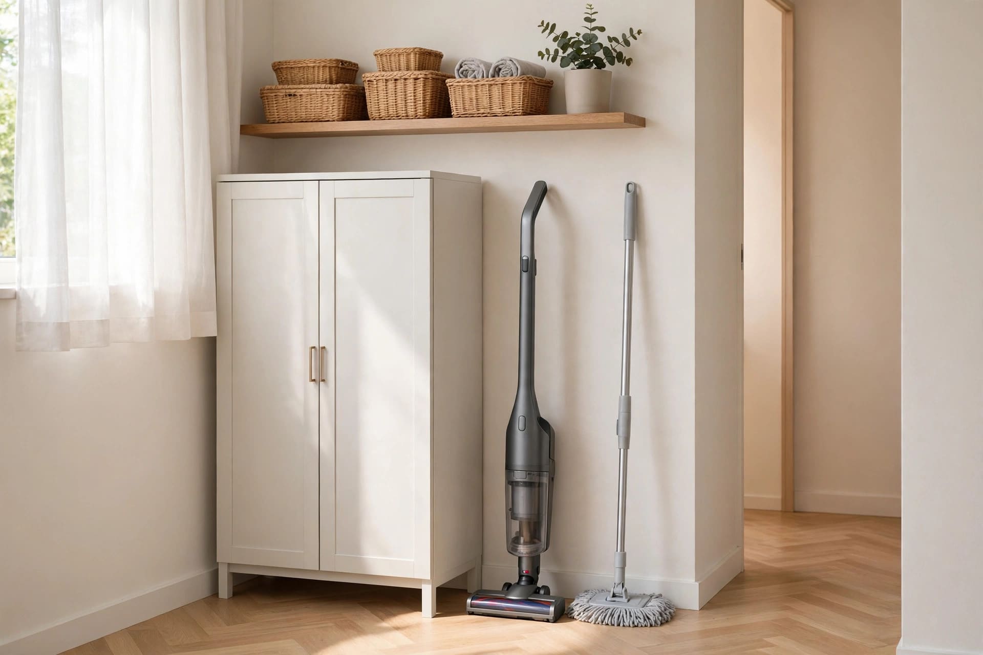 free standing broom closet: cabinet topped with a plant and basket