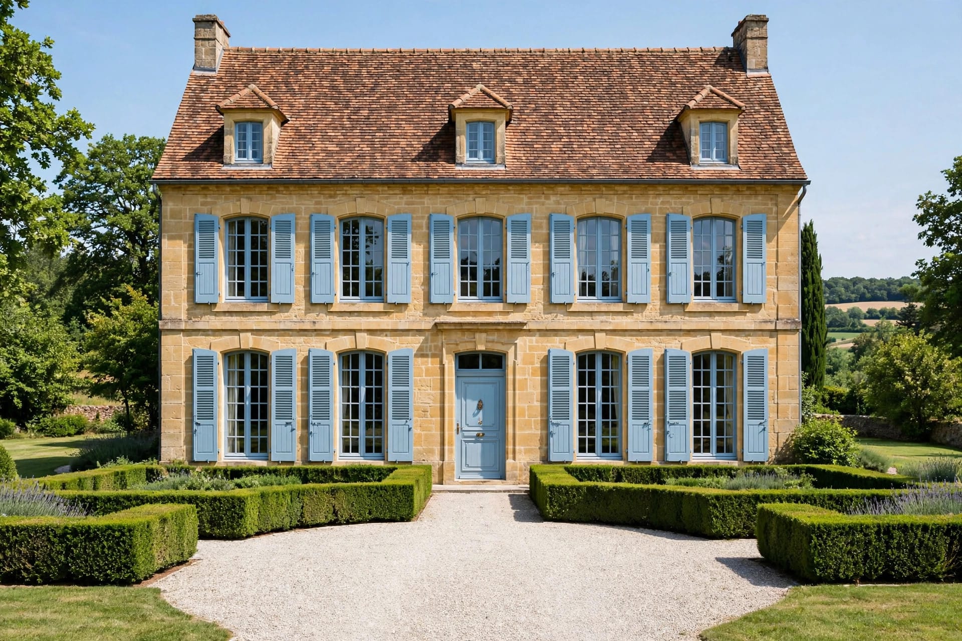 french country house: stone facade with climbing roses