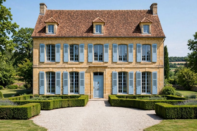 french country house: stone facade with climbing roses