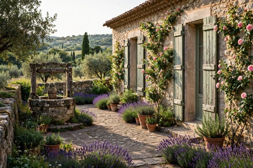 french country house: tall shuttered windows in dusty blue