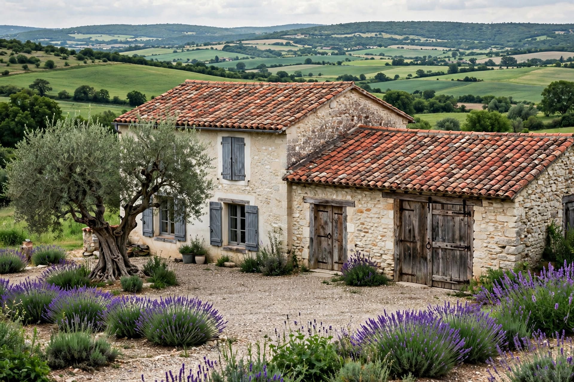 french country house: gravel courtyard with a vine-covered pergola