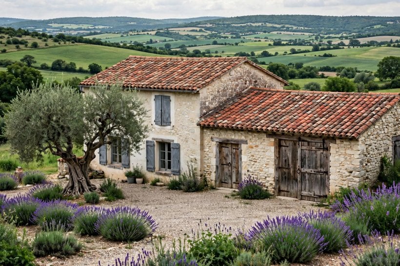 french country house: gravel courtyard with a vine-covered pergola