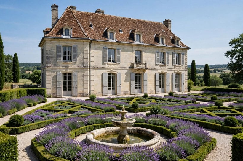 french country house: lavender path and climbing roses in the garden