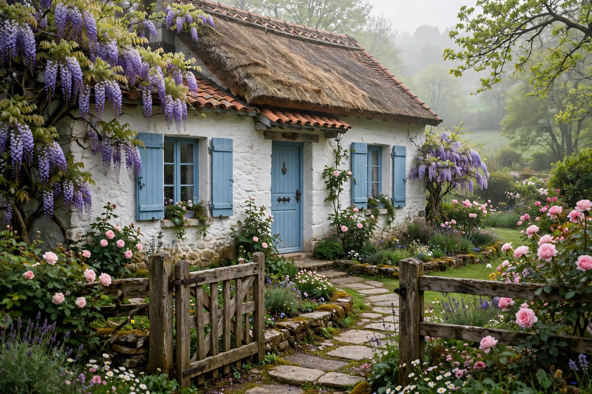 french country house: iron lanterns and terracotta pots by the door