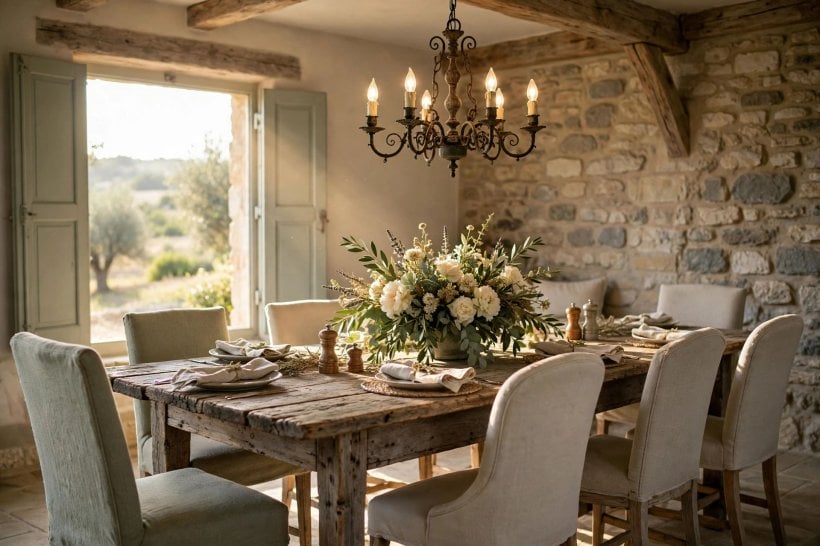 french country interior design: farmhouse kitchen with open shelves