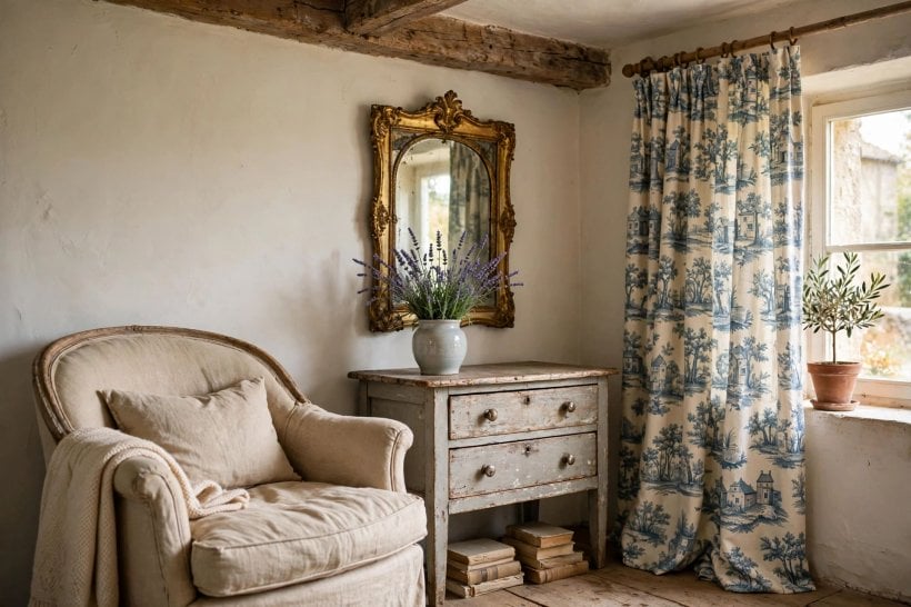french country interior design: linen bedroom with a curved headboard