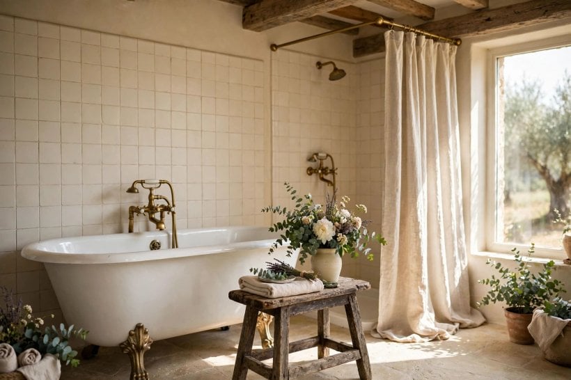 french country interior design: dining table with linen and rush chairs