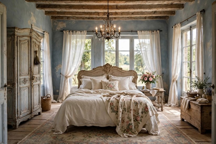 french country interior design: small bathroom with a painted vanity