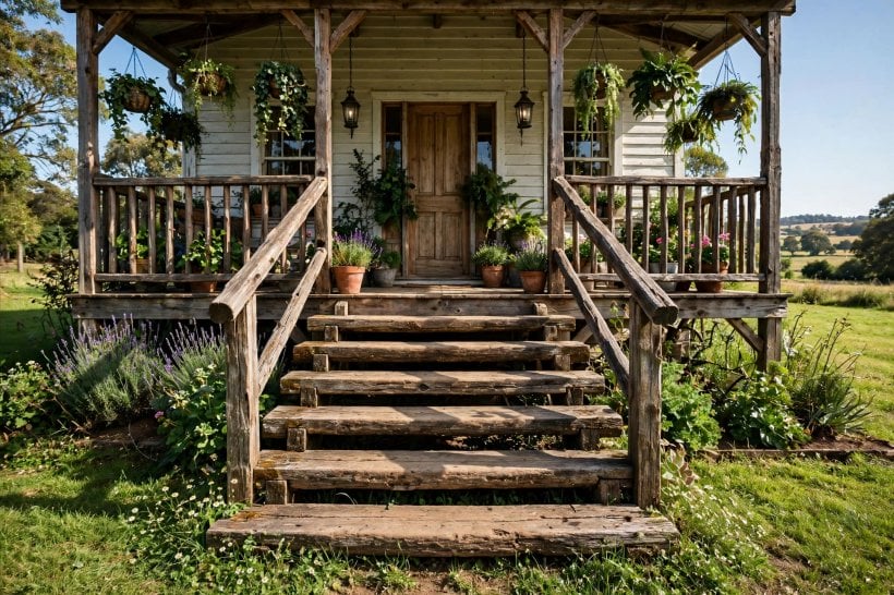 front steps: wide stone entrance with planters