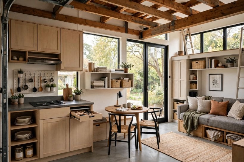 garage apartment ideas: open-plan living space with a kitchen along one wall and a sofa facing the light