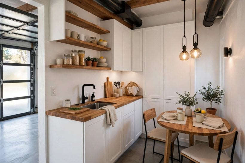 garage apartment ideas: sleeping corner screened from the sitting area with a low bookcase
