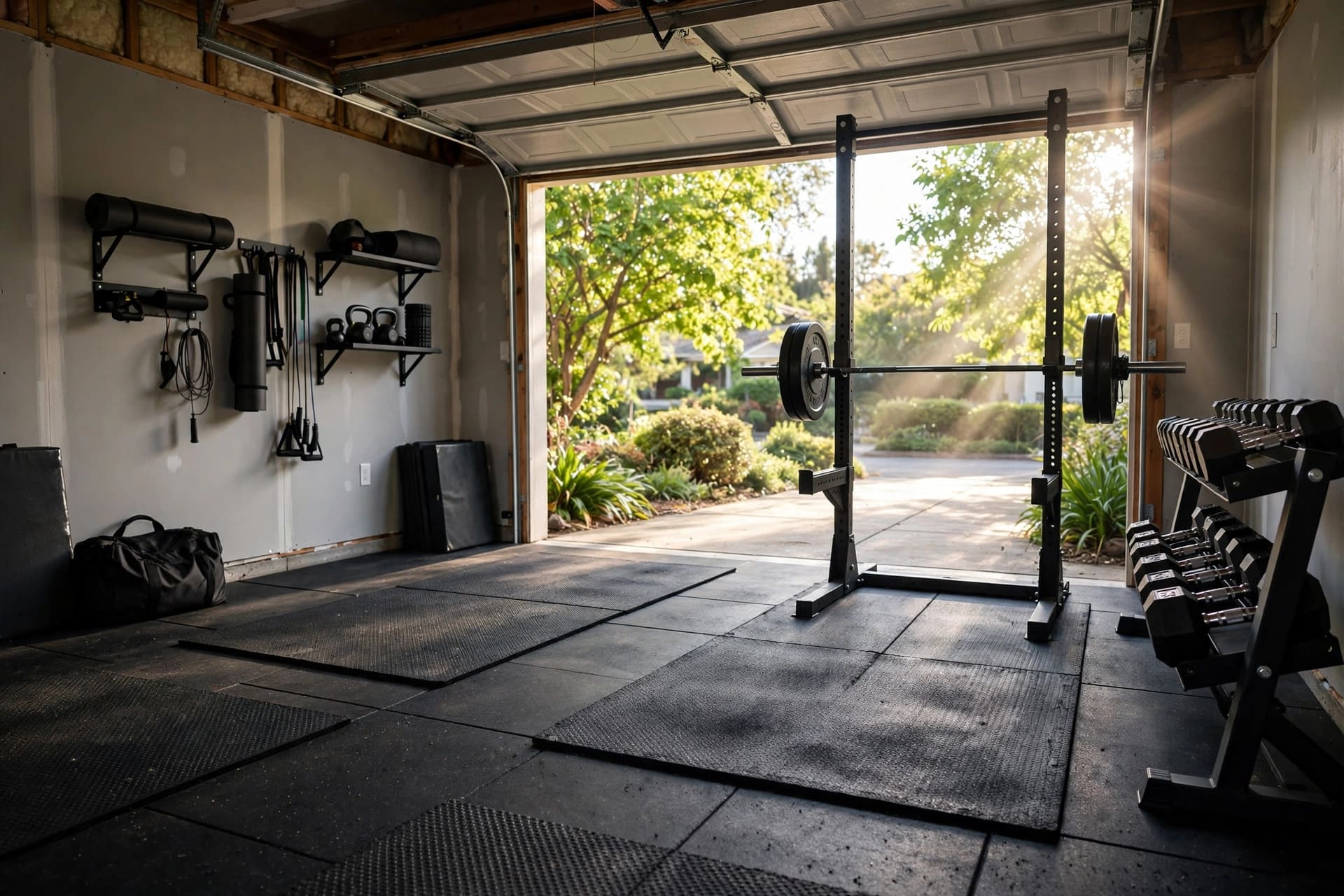 garage design ideas: wall-mounted cabinets and shelving for tools and storage bins