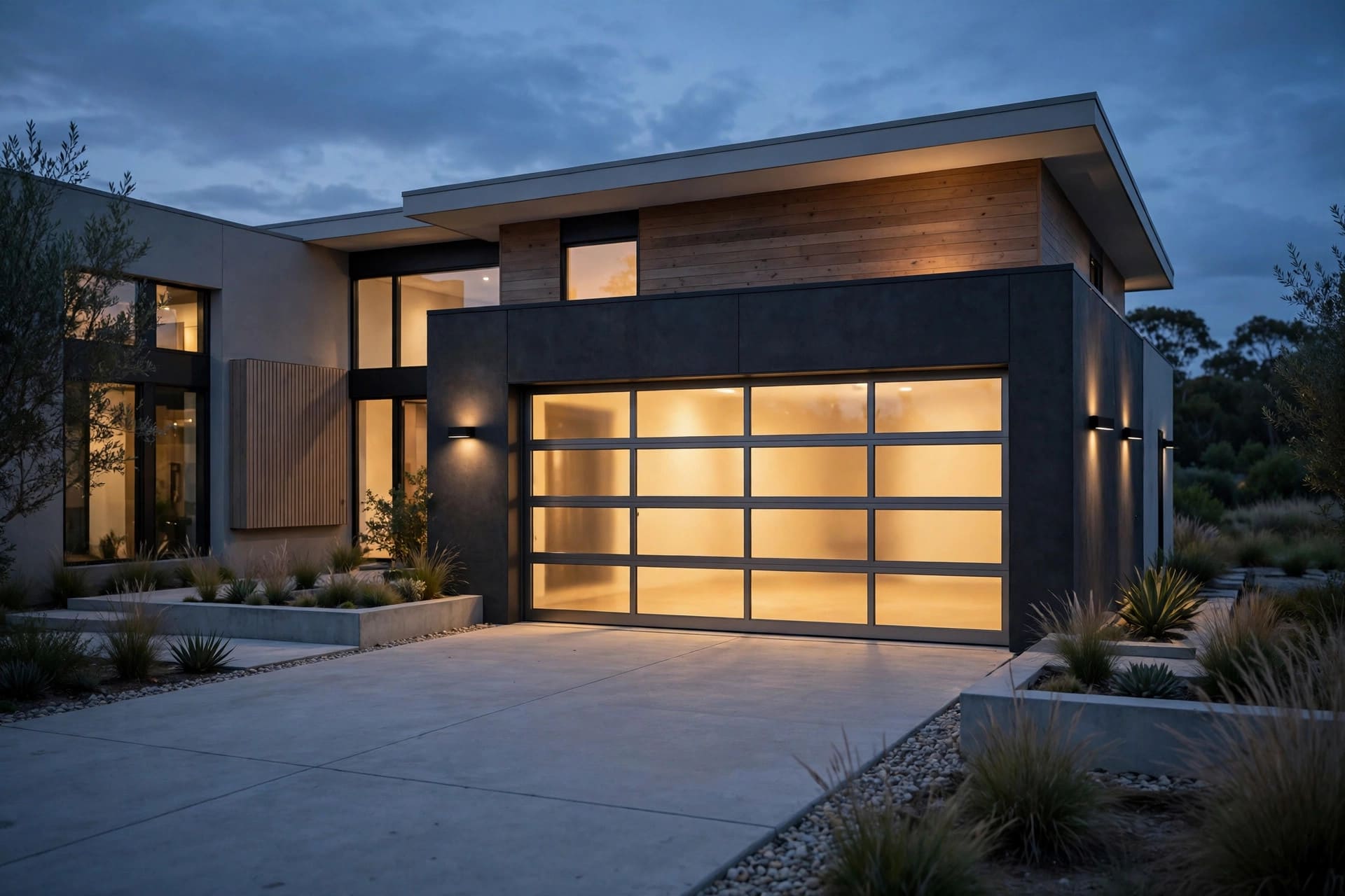 garage design ideas: durable epoxy floor with bright ceiling lighting