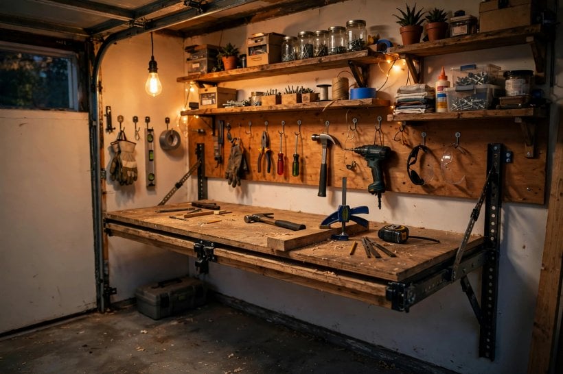 garage workshop: sturdy workbench with storage below