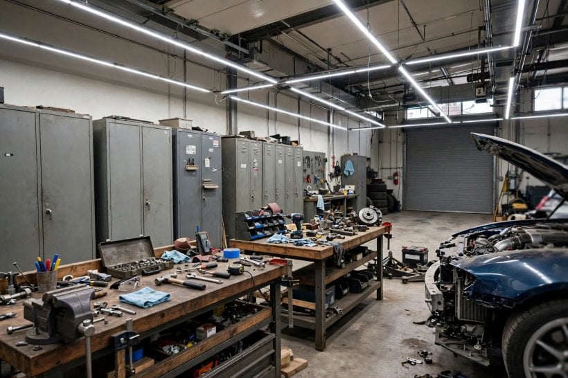 garage workshop: bright ceiling lighting over a bench
