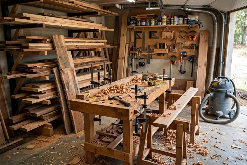 garage workshop: U-shaped layout with wall cabinets