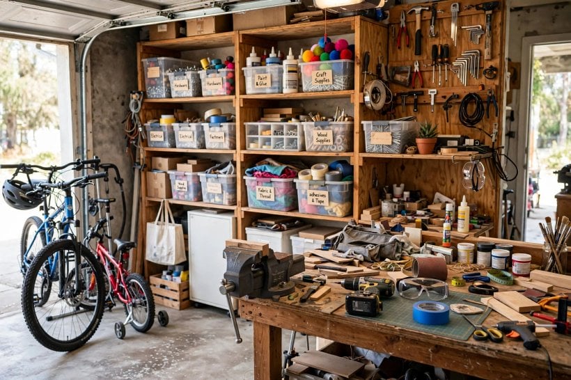 garage workshop: compact corner bench in a small space