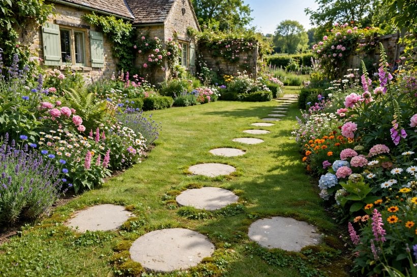 garden path ideas: flat stepping stones crossing a green lawn