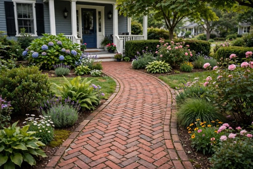 garden path ideas: flowering plants softening both path edges