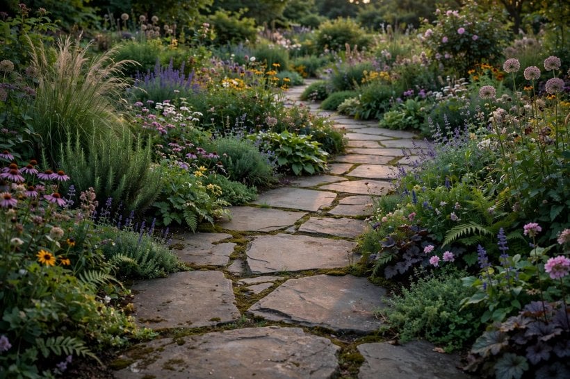 garden path ideas: curved path climbing a gentle garden slope