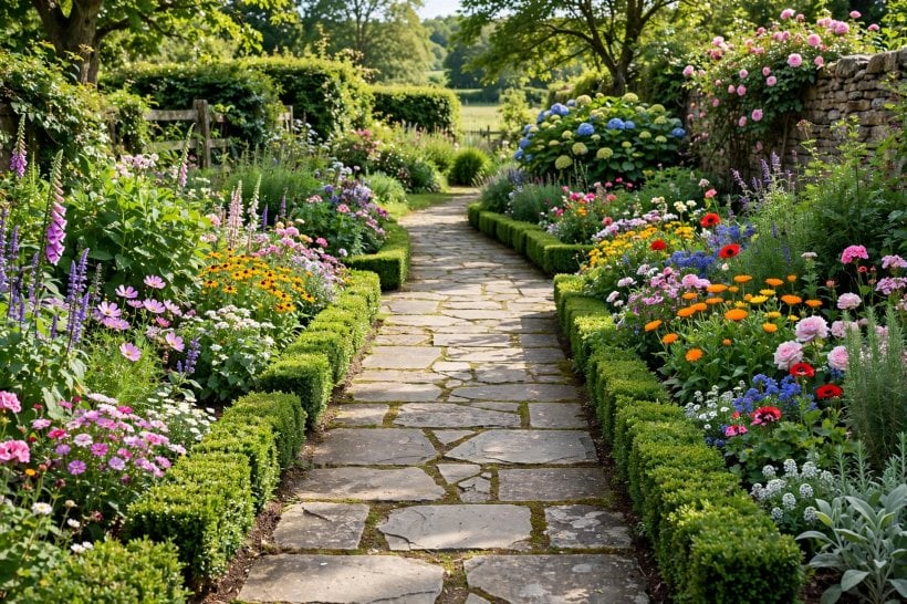 garden path ideas: tidy path with fresh planting in spring