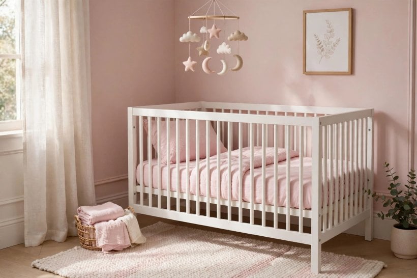 magical baby girl rooms: a blush woodland-themed nursery with a white cot