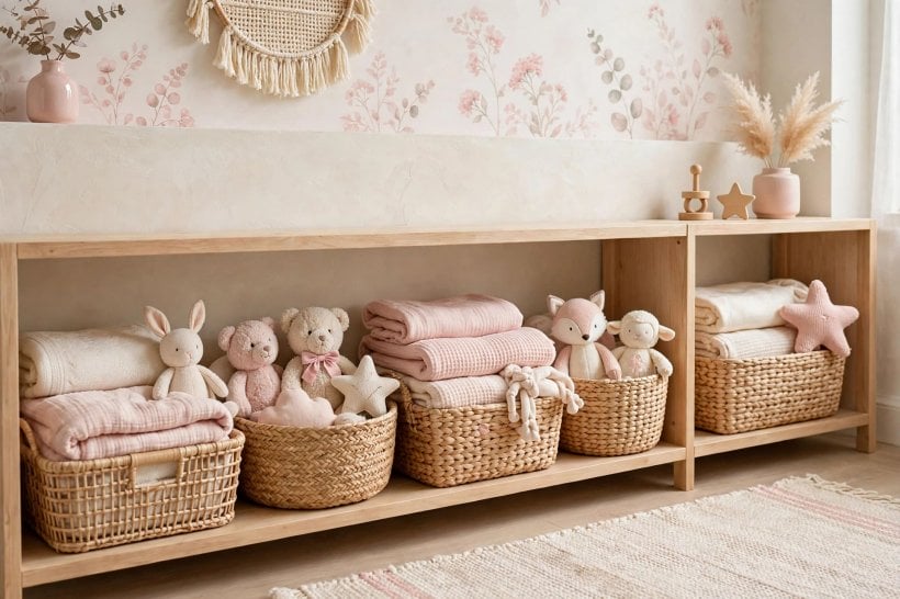 magical baby girl rooms: a nursing chair with cushions beside a small side table