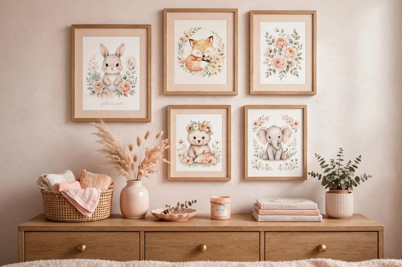 magical baby girl rooms: a dresser with labelled baskets and folded baby clothes