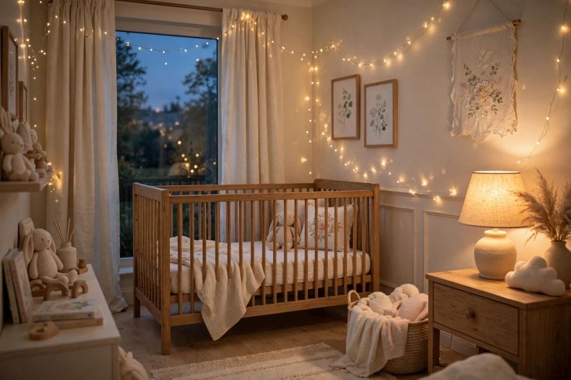 magical baby girl rooms: framed nursery prints and bunting above a dresser