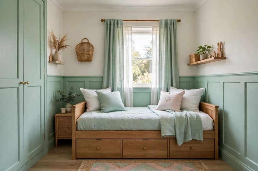 girls bedroom: soft blush walls with white bedding and natural wood