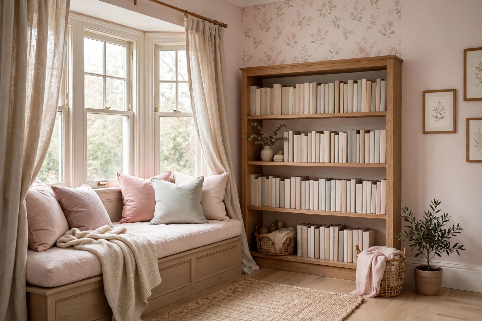 girls bedroom: labelled cube shelves and tidy toy storage