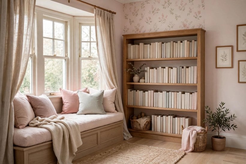 girls bedroom: labelled cube shelves and tidy toy storage