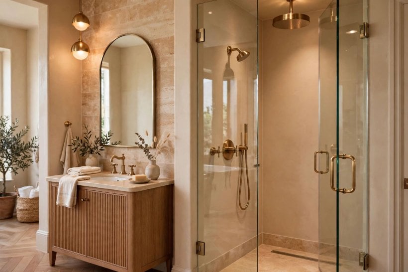glass shower designs: frameless glass enclosure in a bright bathroom