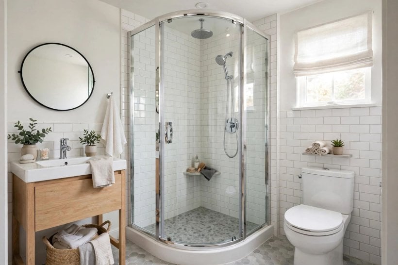 glass shower designs: black framed glass panels with spa styling