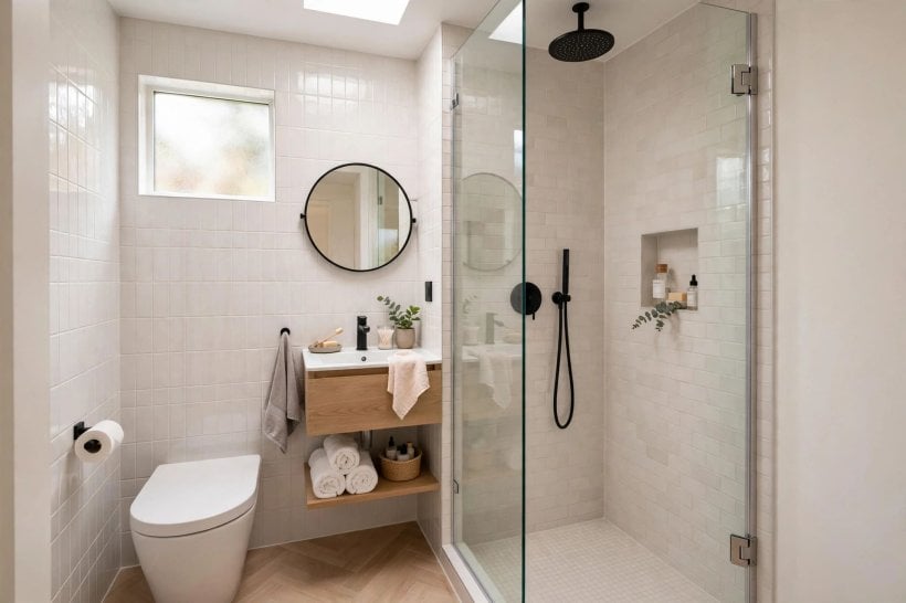 glass shower designs: glass shower with bench and plants spa feel