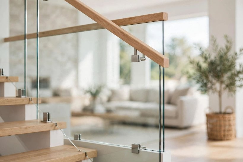 glass staircase: floating treads with a frameless glass balustrade in a bright hall