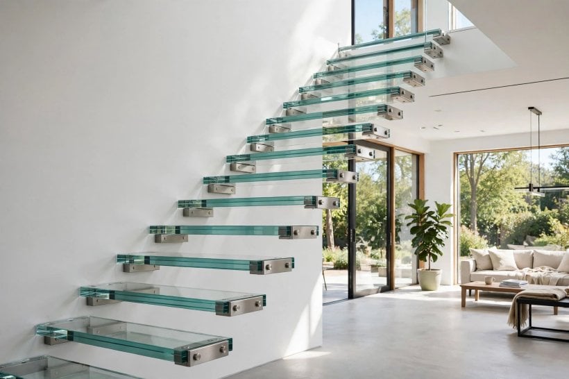 glass staircase: frameless glass panels fixed with a slim base channel