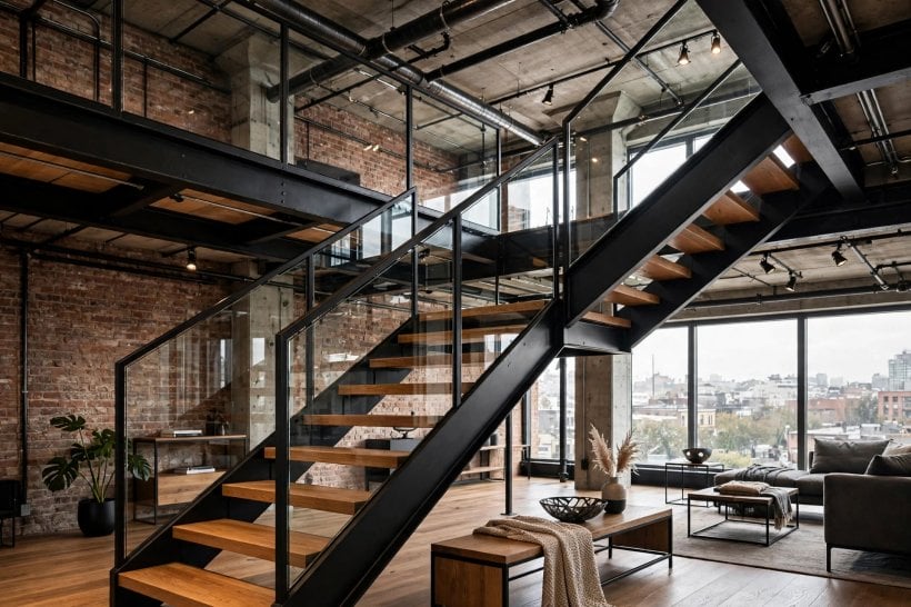 glass staircase: a sweeping curved flight with bent glass balustrade panels