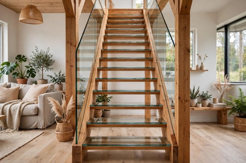 glass staircase: a straight glass-railed flight with warm timber handrail