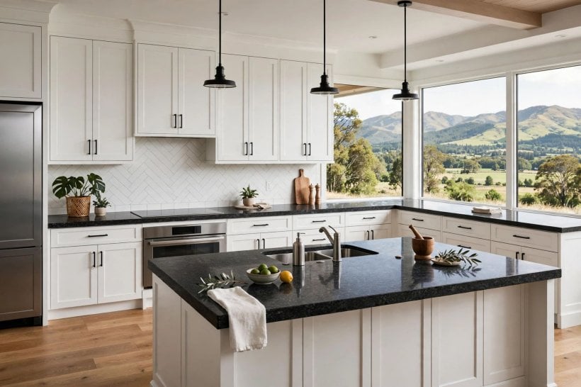granite countertops cost: polished granite slab with strong natural veining in a kitchen