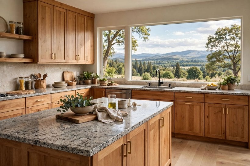 granite countertops cost: finished granite counters being installed on kitchen cabinets