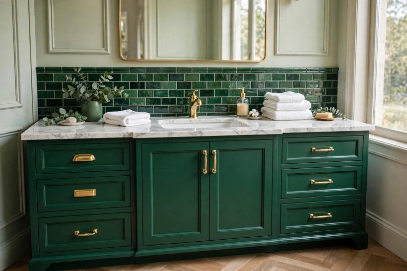 green master bathroom: soft sage walls with a timber vanity and white sanitaryware